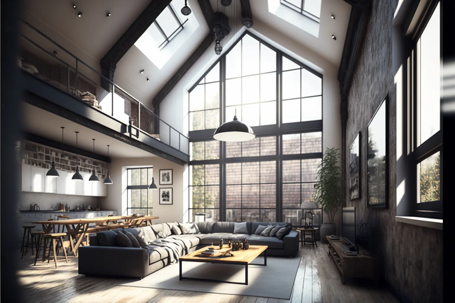 Interior Design, a perspective of a creative loft, large windows with natural light, industrial ceiling, modern furniture, skylight, modern minimalistic design